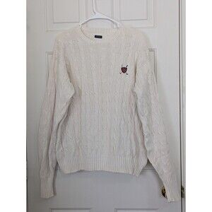 VTG Polo Ralph Lauren Golf Sweater Mens Large Cream Cable Knit L/S Crewneck Logo